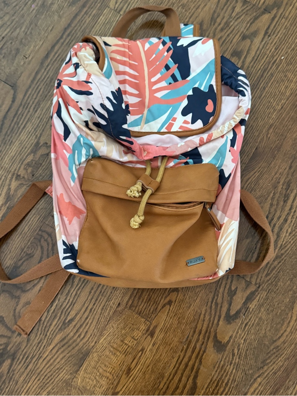 Roxy Tropical Leaf Backpack in Coral, Navy, Teal & Tan